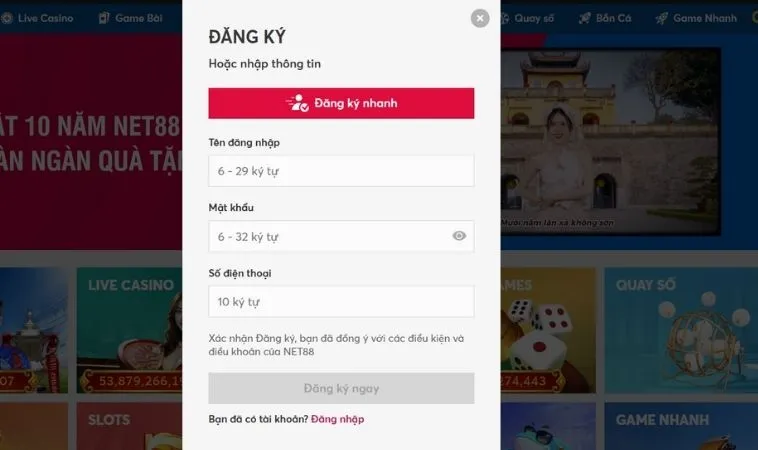 Giao diện đăng ký MMLive