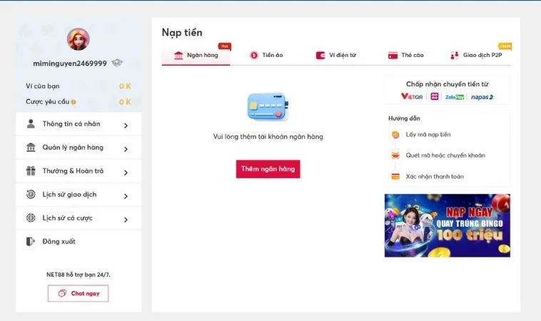 Giao diện nạp tiền MMLive